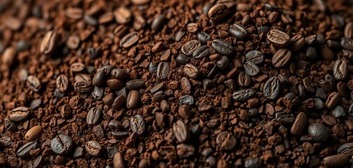 Obraz premium Dark brown coffee grounds, rich texture, close-up, organic waste, coffee beans