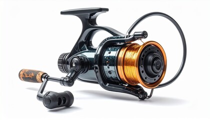Modern black and gold fishing spinning reel isolated on a white background.