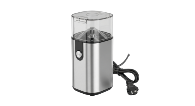Silver electric coffee grinder isolated PNG with Transparent Background - Powered by Adobe