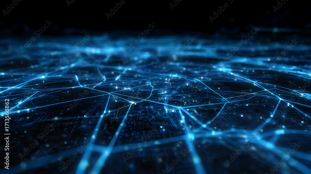 Poster an intricate web of glowing blue grid lines representing electronic chip connections
