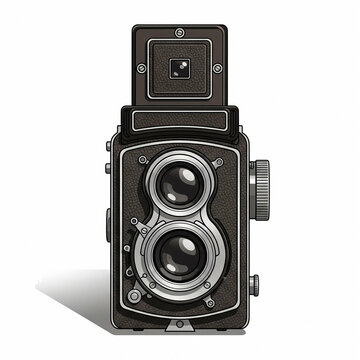 Vintage twin lens reflex camera illustration featuring a classic medium format analog film photography tool with detailed mechanical design