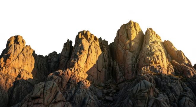 Jagged mountain peaks illuminated by golden hour light isolated on transparent background - Powered by Adobe