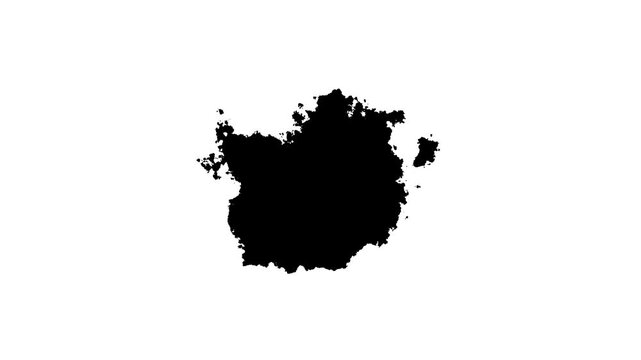 Transitions of black expanding paint stains on white backdrop Grunge Ink spreads and fills the screen. black ink stain spreads on white background.