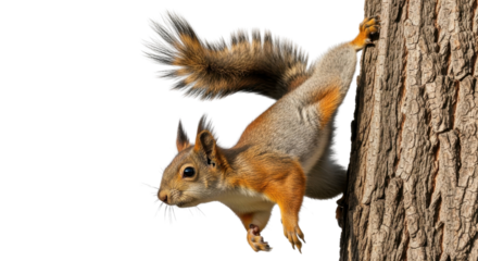 Squirrel hanging on tree trunk isolated PNG with Transparent Background