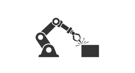 Industrial robotic arm with gripper and cube isolated on transparent background