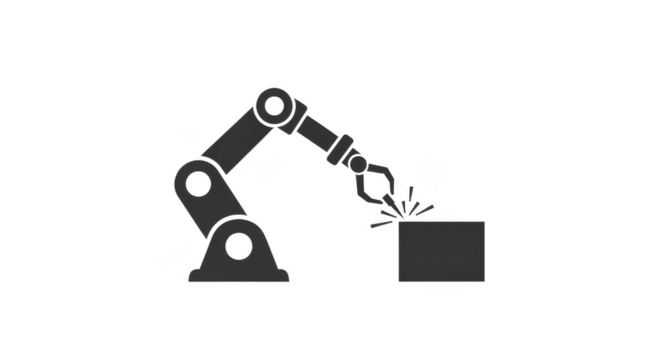 Industrial robotic arm with gripper and cube isolated on transparent background