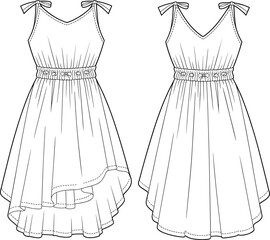 Fashion flat sketch of sleeveless summer dress with floral waistband, asymmetric hem, tied shoulder straps, CAD drawing vector illustration