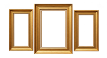 Three ornate golden picture frames isolated on transparent background