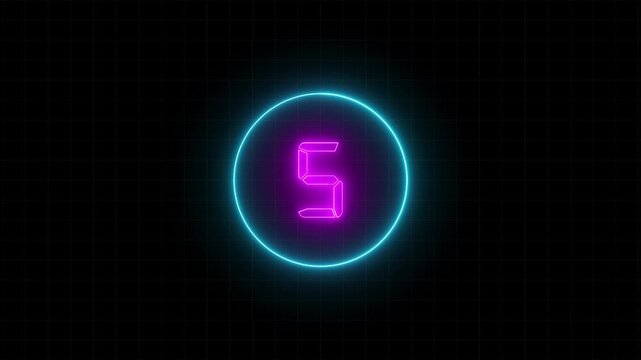 Abstract glowing neon text ten second countdown. Circle countdown timer 10 second animation. Numbers from 10 to 0 countdown in cyan neon circle.
