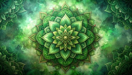 Intricate green mandala, cosmic backdrop