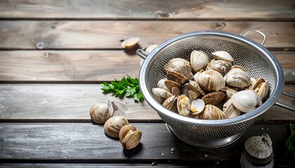 Fresh clams in a colander on a wooden table