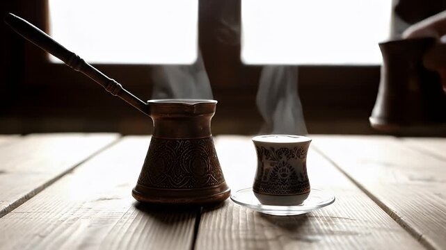 Authentic Turkish Coffee Being Poured into a Traditional Cup with Steam Rising from Cezve