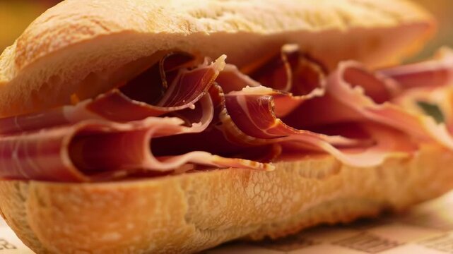 Close-up of a sandwich with cured meat
