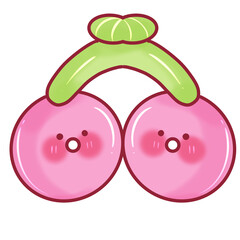 Kawaii pink cherry fruit cartoon mascot — cute chibi food character PNG illustration