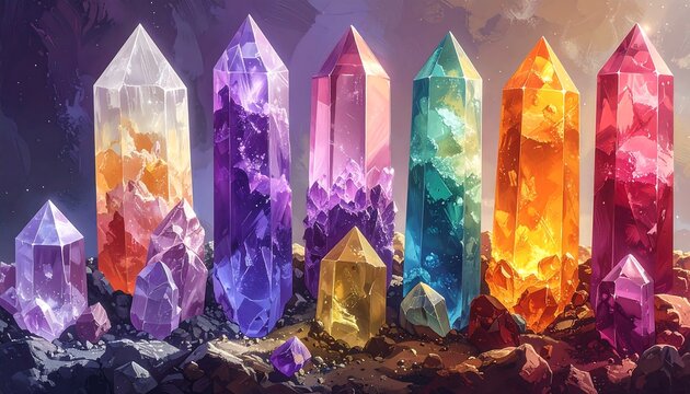 A vibrant display of multifaceted crystals in a variety of colors, radiating an otherworldly glow.