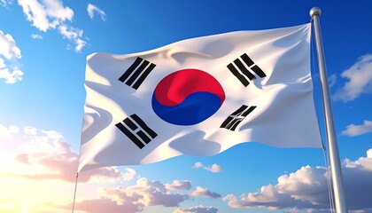 A vivid depiction of the South Korean flag fluttering against a bright, sunny sky with soft, puffy clouds