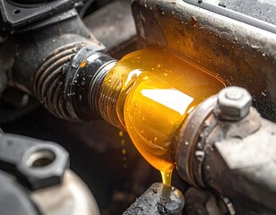 Viscous Yellow Fluid Leaking from Engine Component in Close-Up Focus