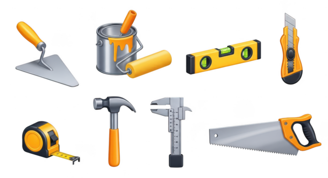 Collection of construction tools isolated on transparent background