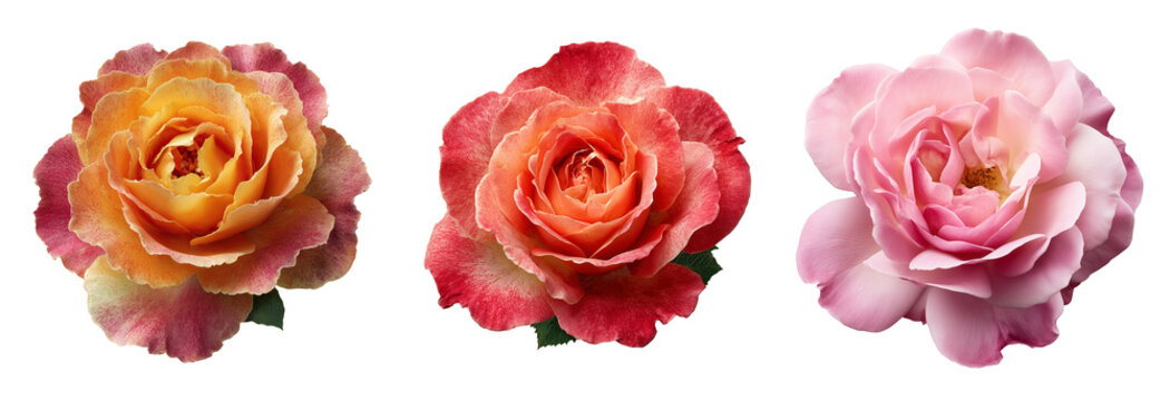 Close-up of blooming roses in yellow, red, and pink shades isolated on white background &ndash; detailed floral photography for design, decoration, and romantic projects