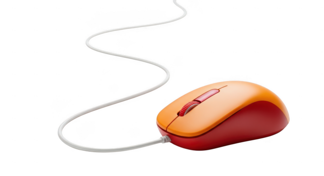 Orange and red computer mouse with white cable isolated on transparent background - Powered by Adobe