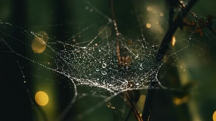 Close up of a spider web with water droplets glistening in the sunlight. - Powered by Adobe
