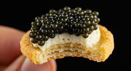 A cracker bite with caviar and cream cheese held against a black backdrop
