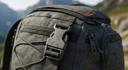 A detailed closeup showcases a weathered black backpack against a blurred mountain backdrop A plastic buckle zippers and textured fabric are prominent