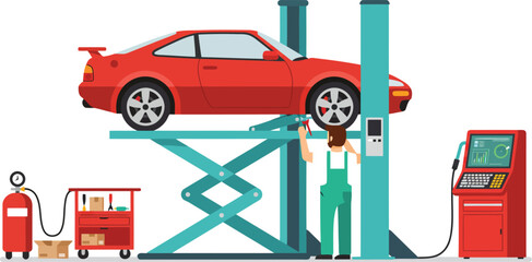 Red sports car lifted for auto repair and maintenance in workshop vector