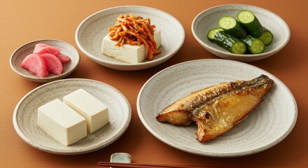 A Japanese meal is displayed with fish tofu pickles and cucumbers on speckled plates Chopsticks rest below