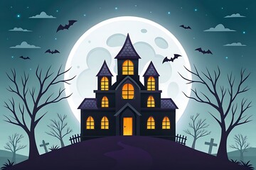 Stylized Halloween Haunted House with Bats and Moon in Flat Design