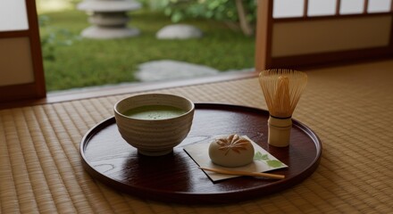 A matcha bowl wagashi and whisk sit on a tray on a tatami mat floor near an open shoji screen with a garden view