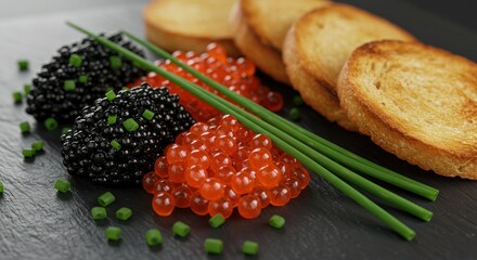 A plate featuring black and red caviar green chives and toasted bread