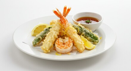 A plate of assorted tempura with a dipping sauce featuring shrimp and green vegetables