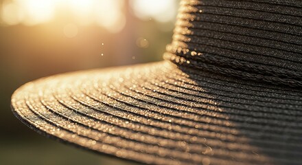 A straw hat glistens in sunlight revealing its intricate texture and the warm golden light catching on its surface