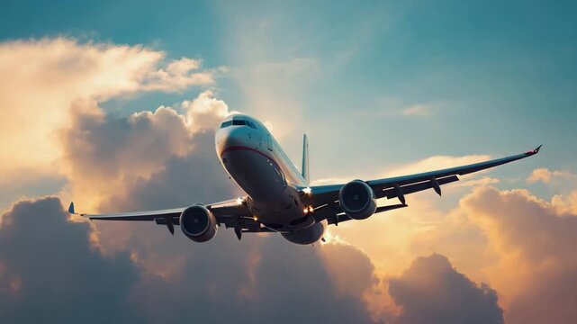 Passagierflugzeug im Flug vor dramatischem Himmel
