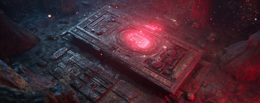 Fossilized AI interface tablet glowing under red starlight in techno-archaeology site