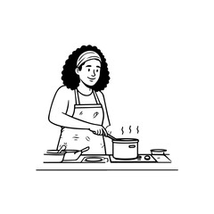 Black and White Vector Illustration of a Smiling Woman Cooking in Kitchen with Apron and Headband