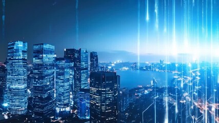 Illuminated cityscape at night with digital streaks style - Powered by Adobe