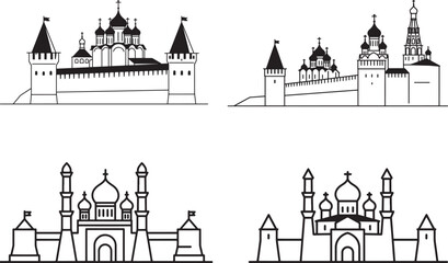 Naklejka premium Minimalist outline drawing of Moscow Kremlin and ancient Russian fortress