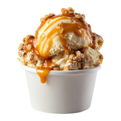 A delicious scoop of caramel ice cream in a white paper cup, topped with sweet toffee sauce and a crunchy crumble. Isolated on a gray background