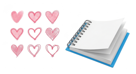 Collection of hand drawn hearts and open notebook isolated on transparent background