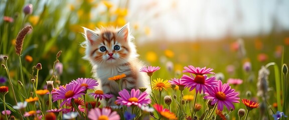 Adorable fluffy kitten perched on vibrant wildflowers against a sun-drenched meadow, background, tranquil