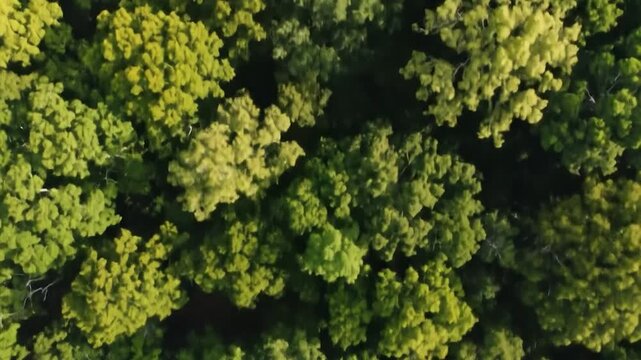 Aerial view of a dense forest, treetops forming an abstract green pattern