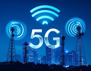 Futuristic cityscape illuminated by glowing 5G network signals emanating from communication towers, symbolizing advanced wireless connectivity and urban development.