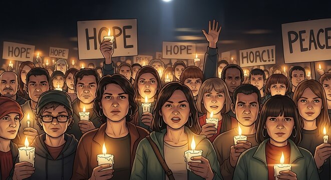 Peace vigil crowd with night.