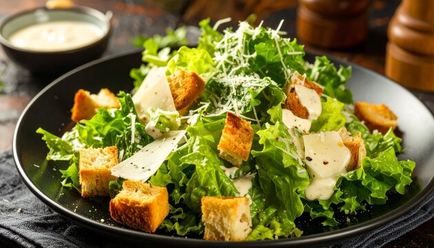 Delicious homemade Caesar salad with croutons and parmesan cheese.