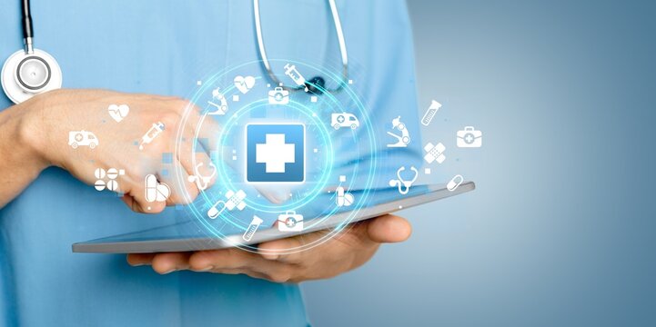 A doctor presents digital shield symbolizing security and innovation.