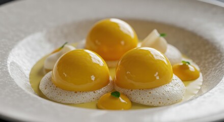 Three yellow spherical desserts sit on white foam in a white bowl with yellow liquid