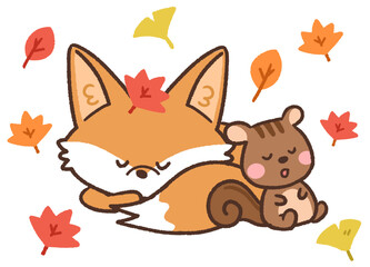 秋の紅葉のなかで眠るかわいいキツネとリスの動物アイコンイラスト