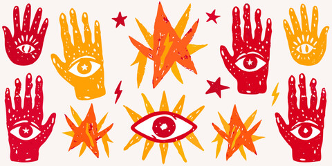 Hand drawn cartoon hot element. Flash lightning fire star pastel pattern bg. Punk Rock vector background. © Fatema